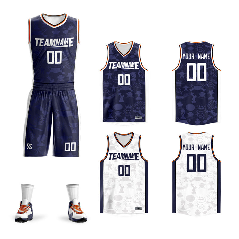 Custom Navy White Double Side Sets Basketball Jersey