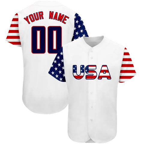 Custom White Navy-Red American Flag Authentic Baseball Jersey