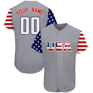 Maillot de baseball authentique personnalisé gris blanc-marine drapeau américain