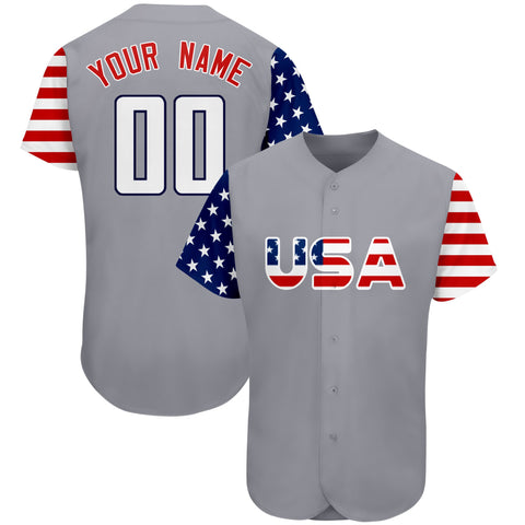 Custom Grey White-Navy American Flag Authentic Baseball Jersey