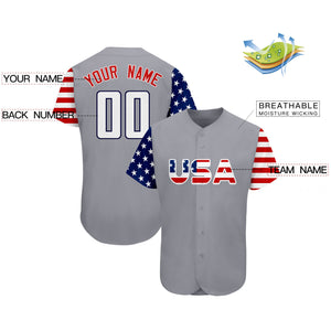 Maillot de baseball authentique personnalisé gris blanc-marine drapeau américain