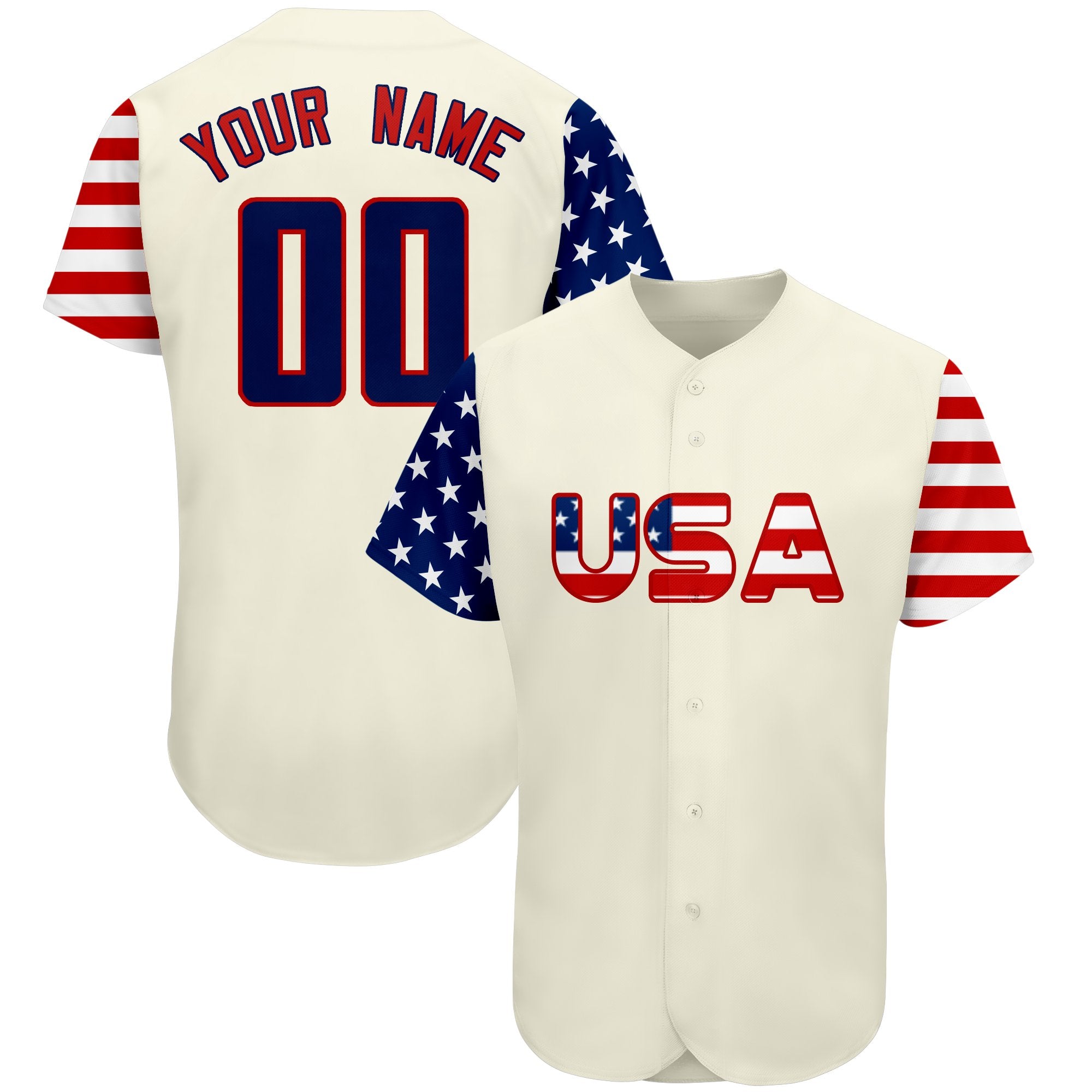 Maillot de baseball authentique personnalisé crème marine-rouge drapeau américain