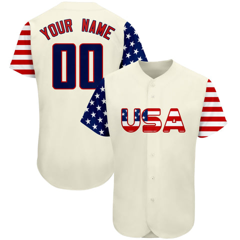 Custom Cream Navy-Red American Flag Authentic Baseball Jersey