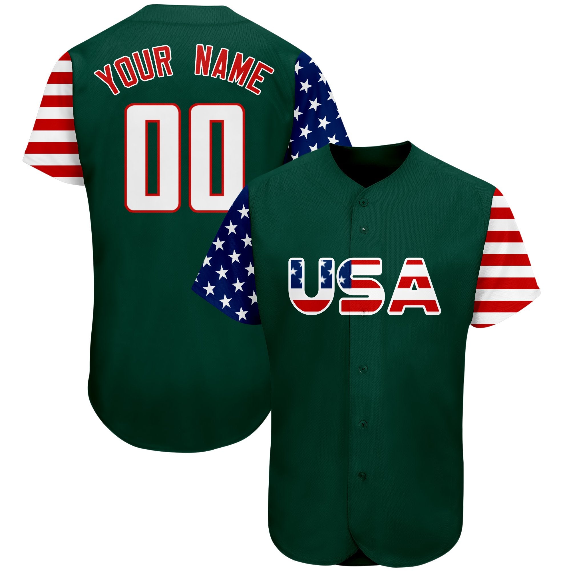 Maillot de baseball authentique personnalisé vert blanc-rouge drapeau américain