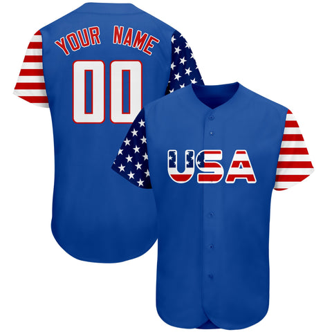 Custom Royal White-Red American Flag Authentic Baseball Jersey