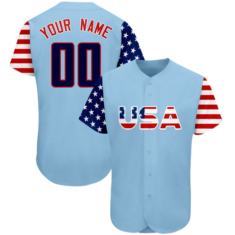 Custom Light Blue Navy-Red American Flag Authentic Baseball Jersey