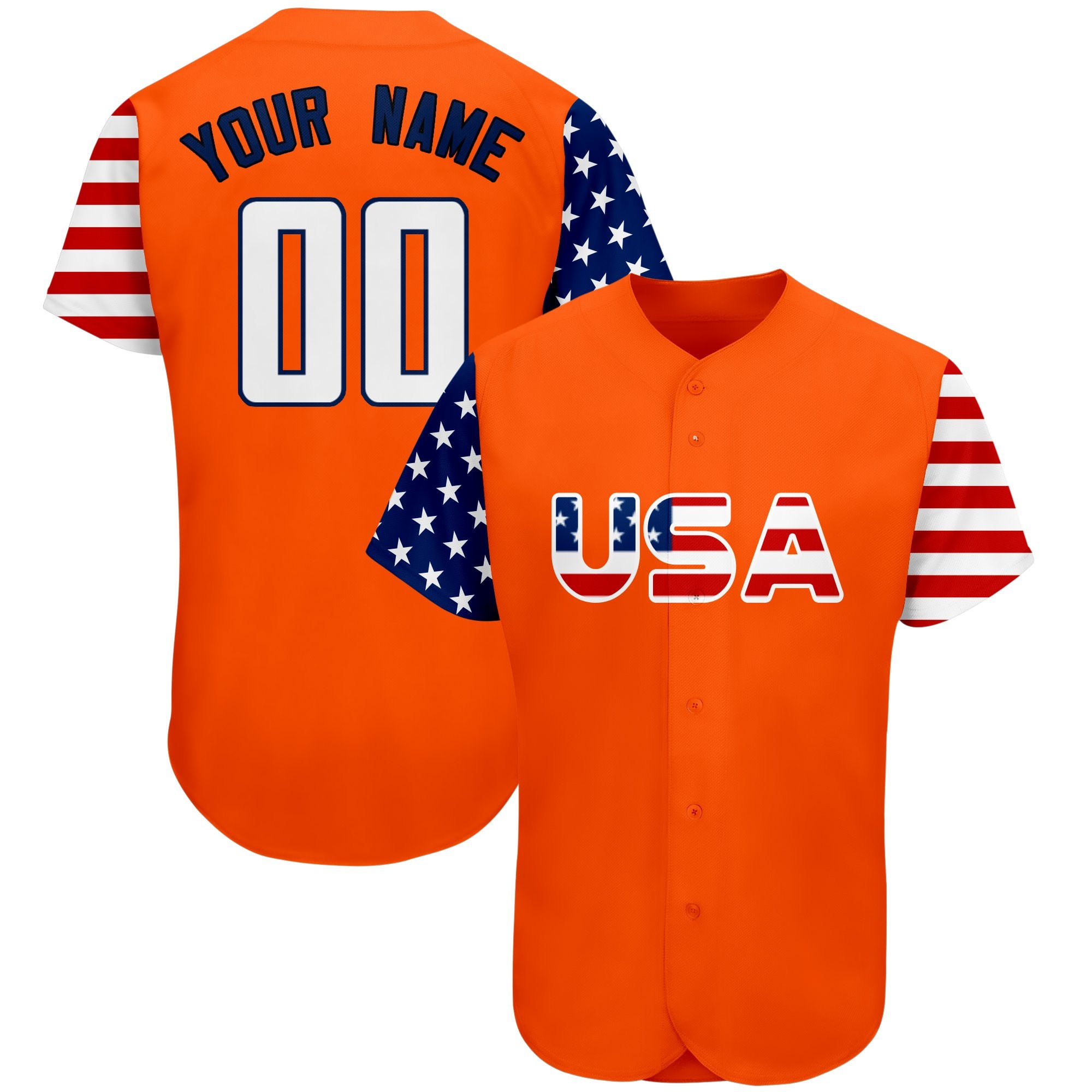 Maillot de baseball personnalisé, drapeau américain, Orange, blanc et marine, authentique