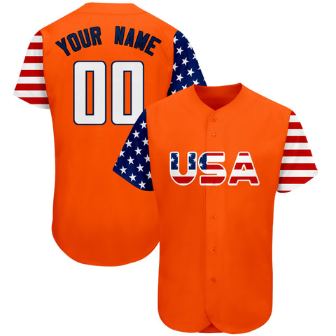 Custom Orange White-Navy American Flag Authentic Baseball Jersey