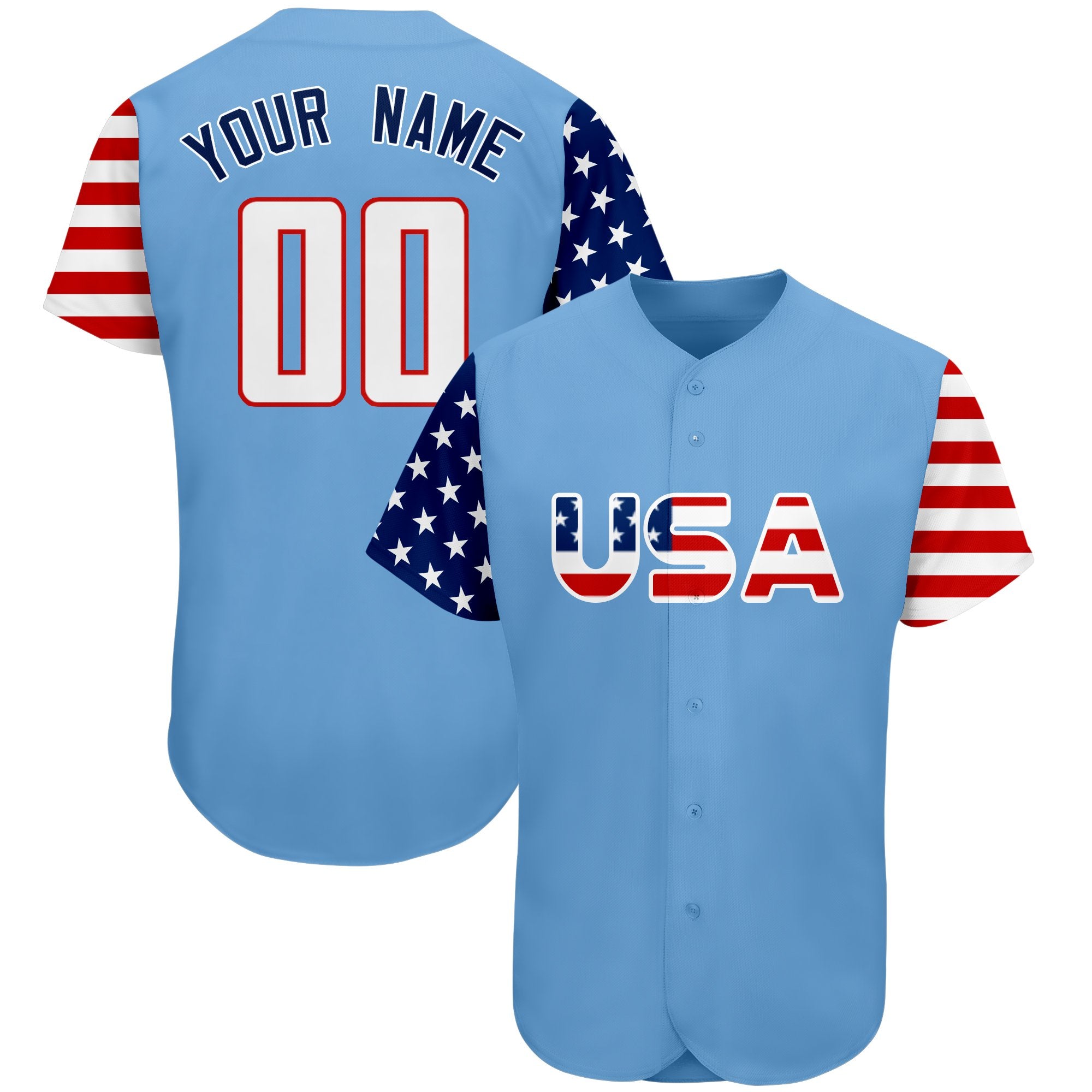 Maillot de baseball authentique personnalisé, bleu clair, blanc et rouge, drapeau américain