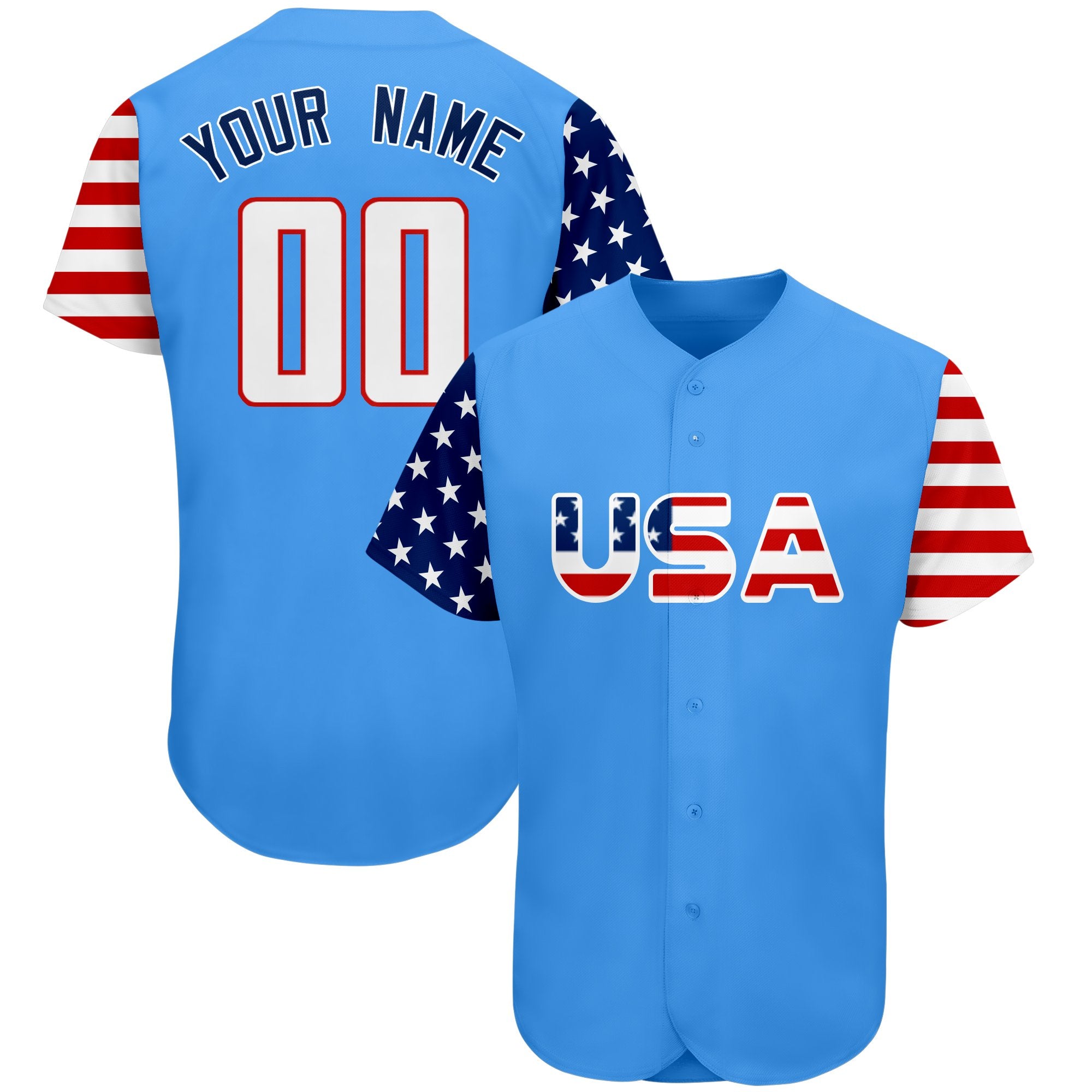 Maillot de baseball authentique personnalisé, bleu poudre, blanc-rouge, drapeau américain