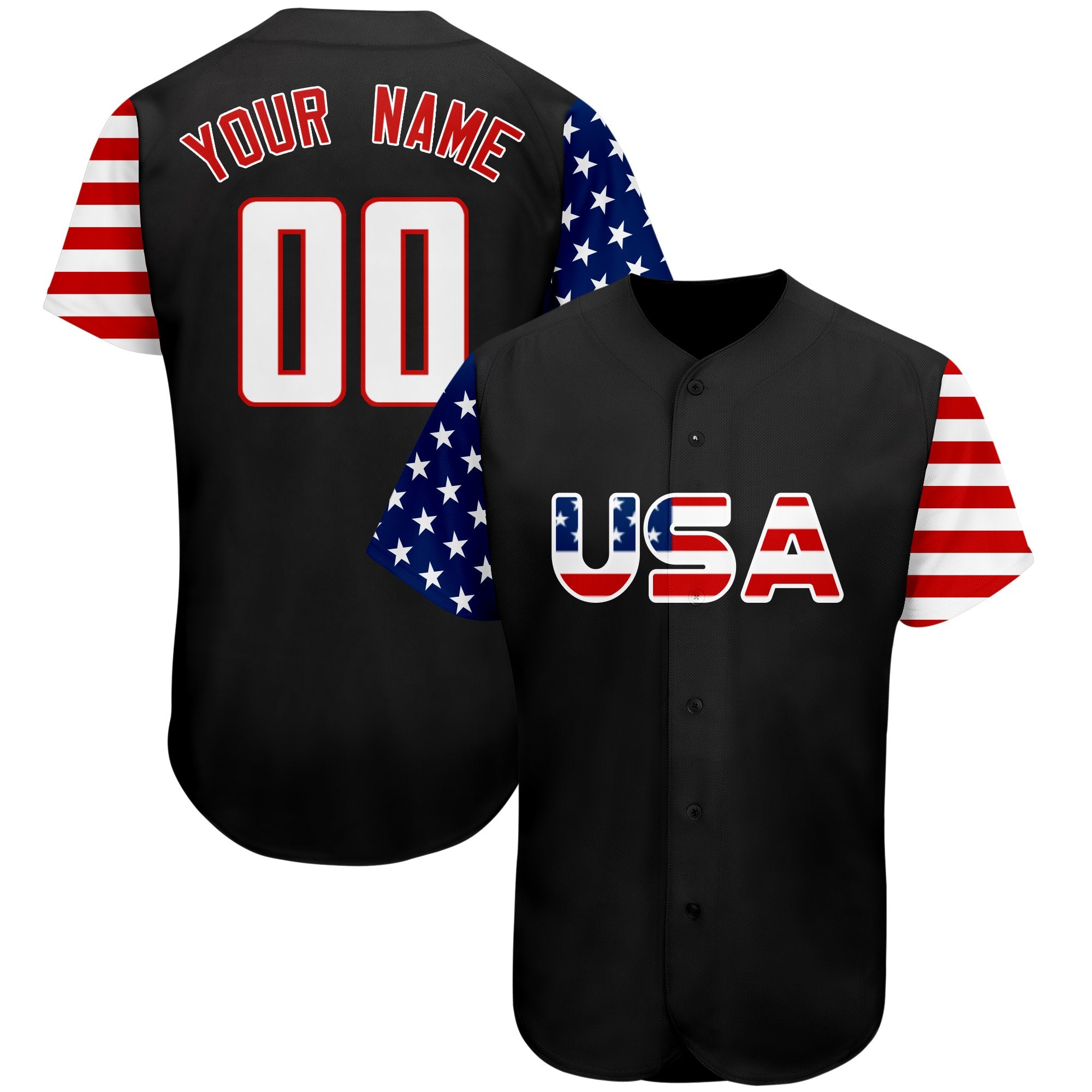 Maillot de baseball authentique personnalisé noir blanc-rouge drapeau américain