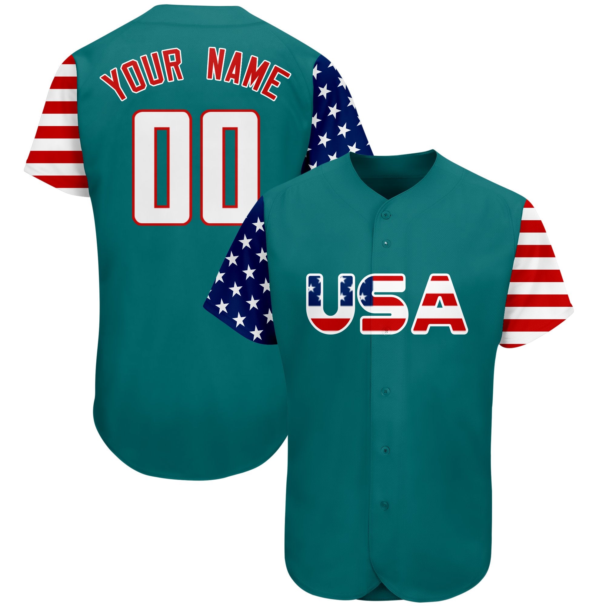 Maillot de baseball authentique personnalisé Aqua blanc-rouge drapeau américain