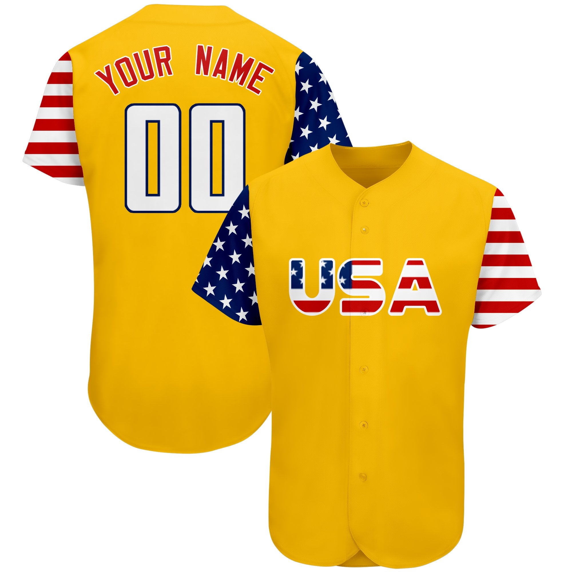 Maillot de baseball authentique personnalisé or blanc-marine drapeau américain