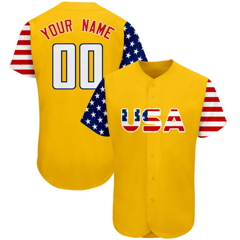 Custom Gold White-Navy American Flag Authentic Baseball Jersey