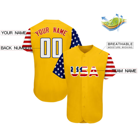 Custom Gold White-Navy American Flag Authentic Baseball Jersey