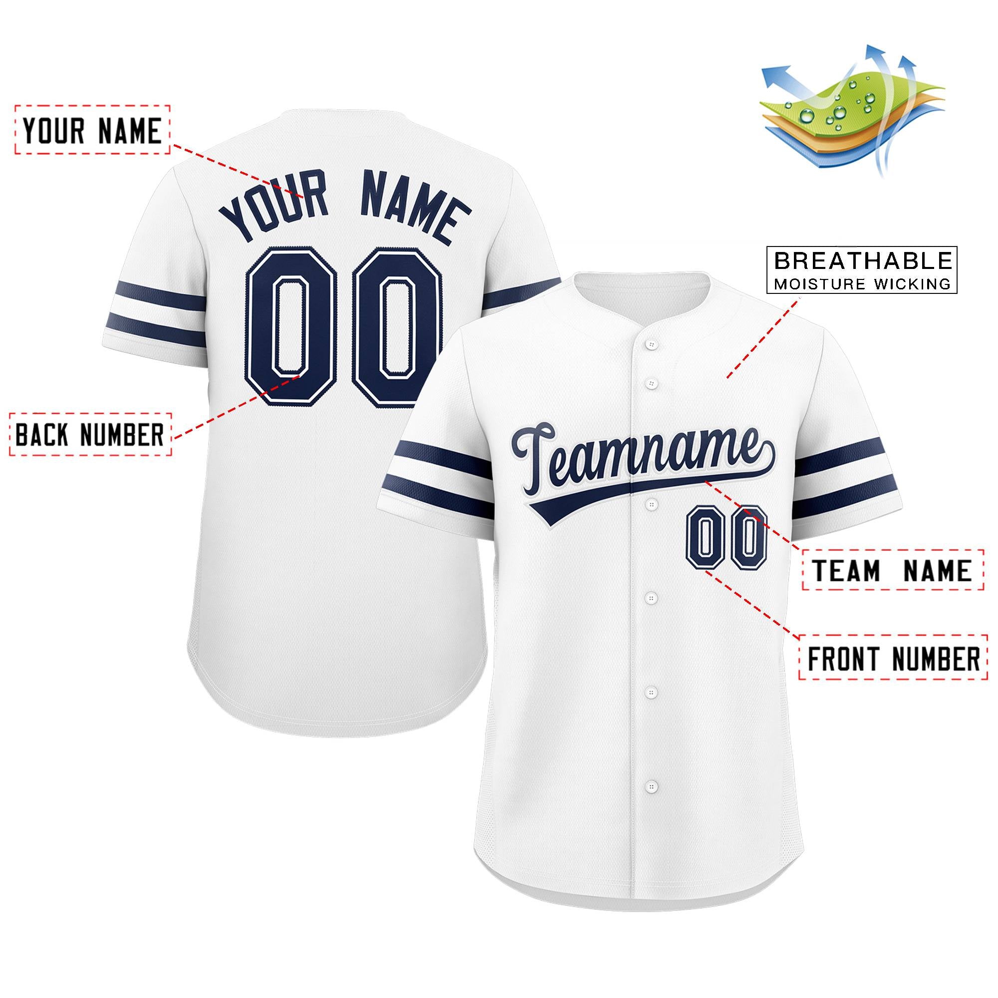 Maillot de baseball authentique de style classique blanc marine personnalisé