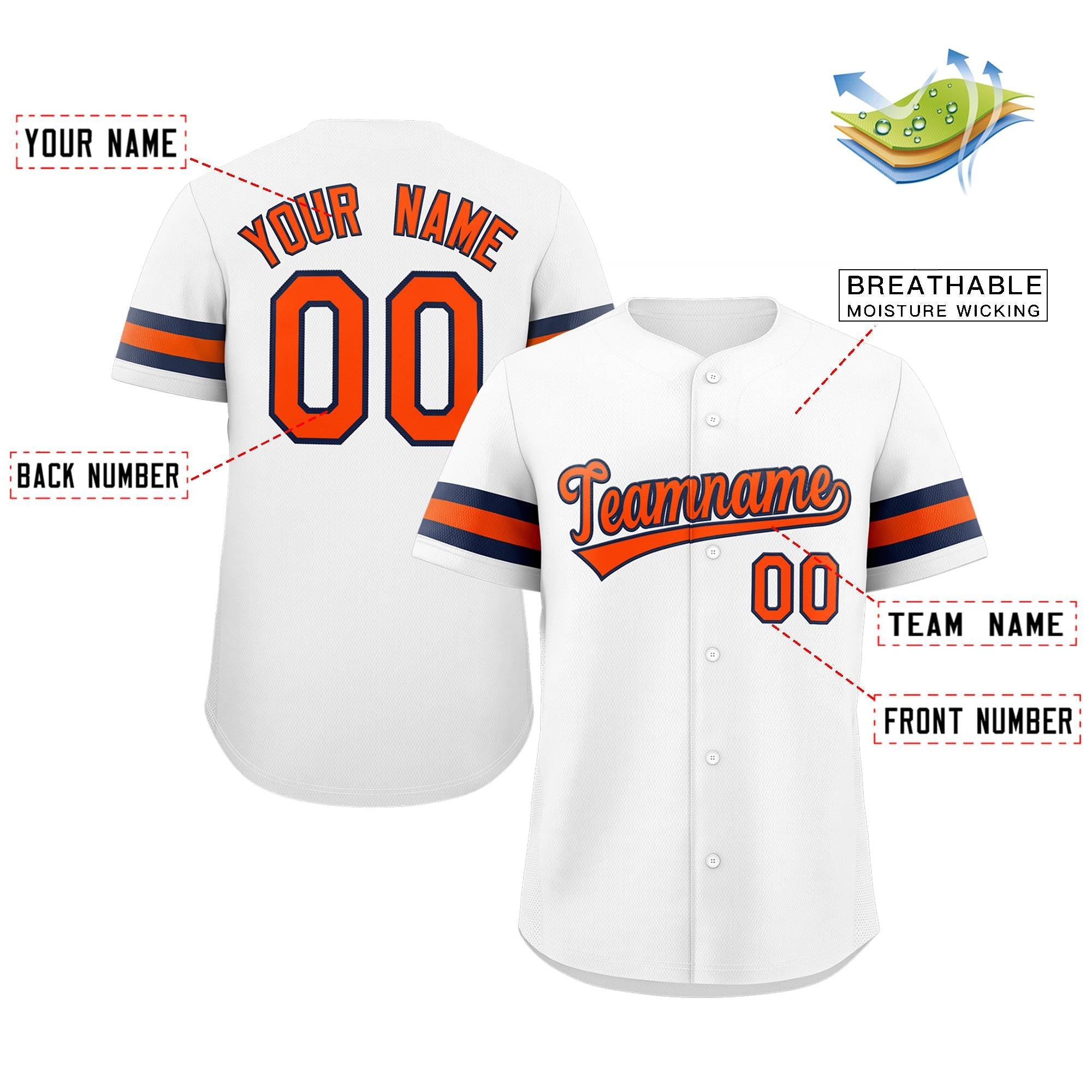 Maillot de baseball authentique de style classique blanc orange-marine personnalisé