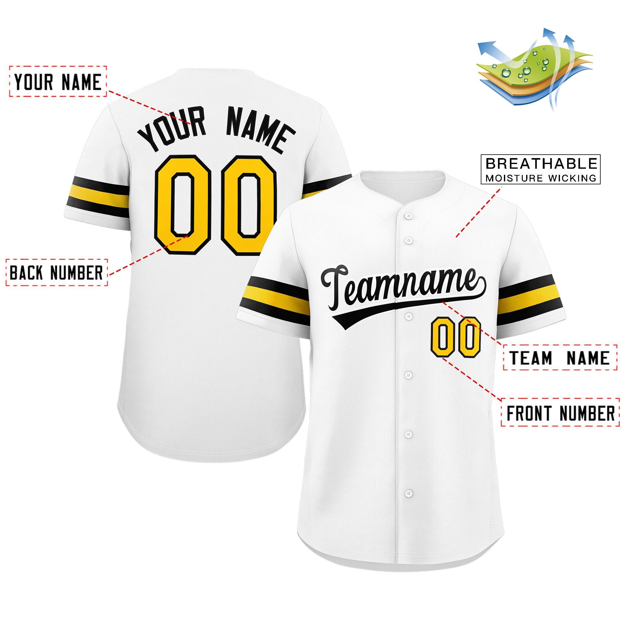 Maillot de baseball authentique de style classique blanc jaune-noir personnalisé