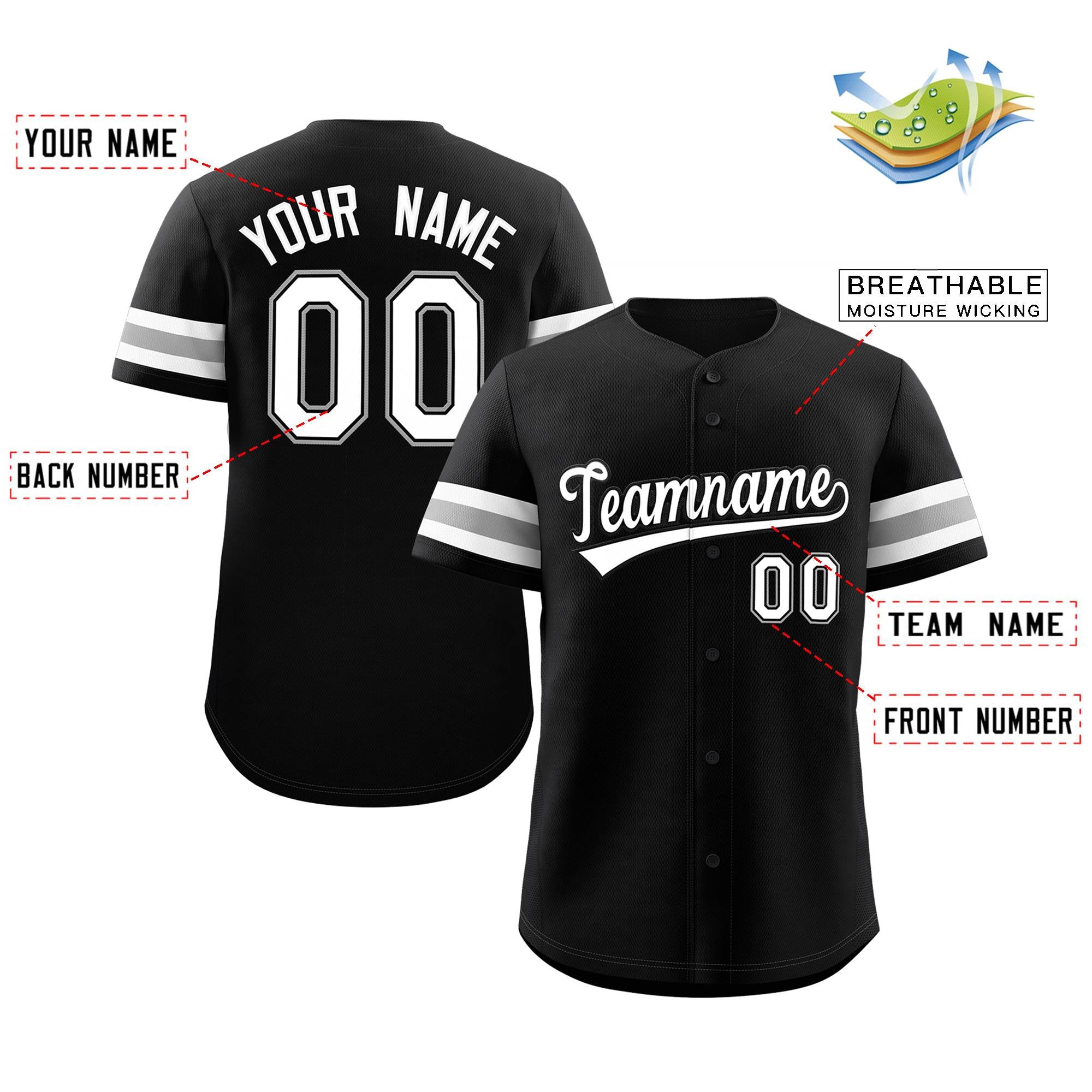 Maillot de baseball authentique de style classique noir blanc-noir personnalisé