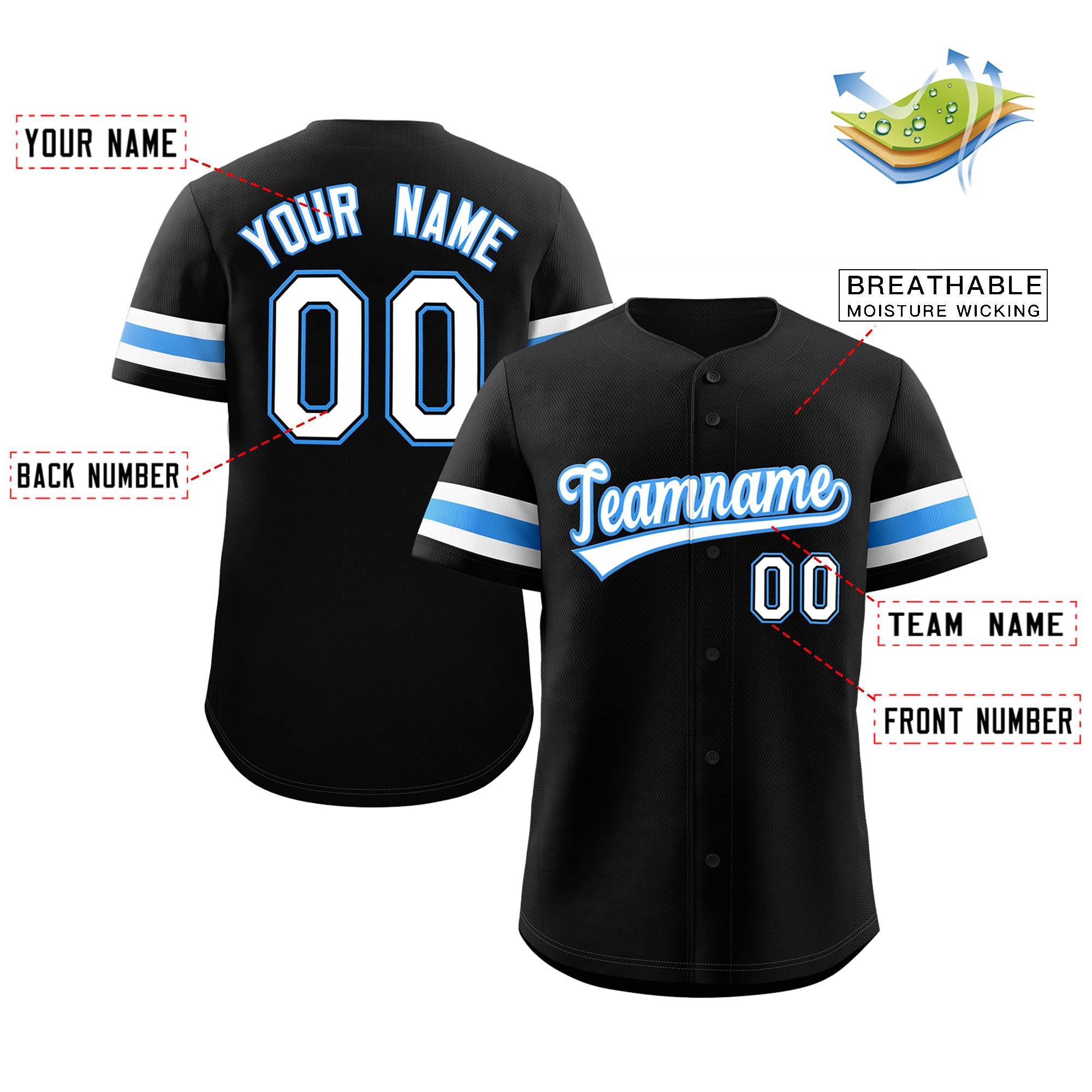 Maillot de baseball authentique de style classique noir blanc-bleu poudre personnalisé