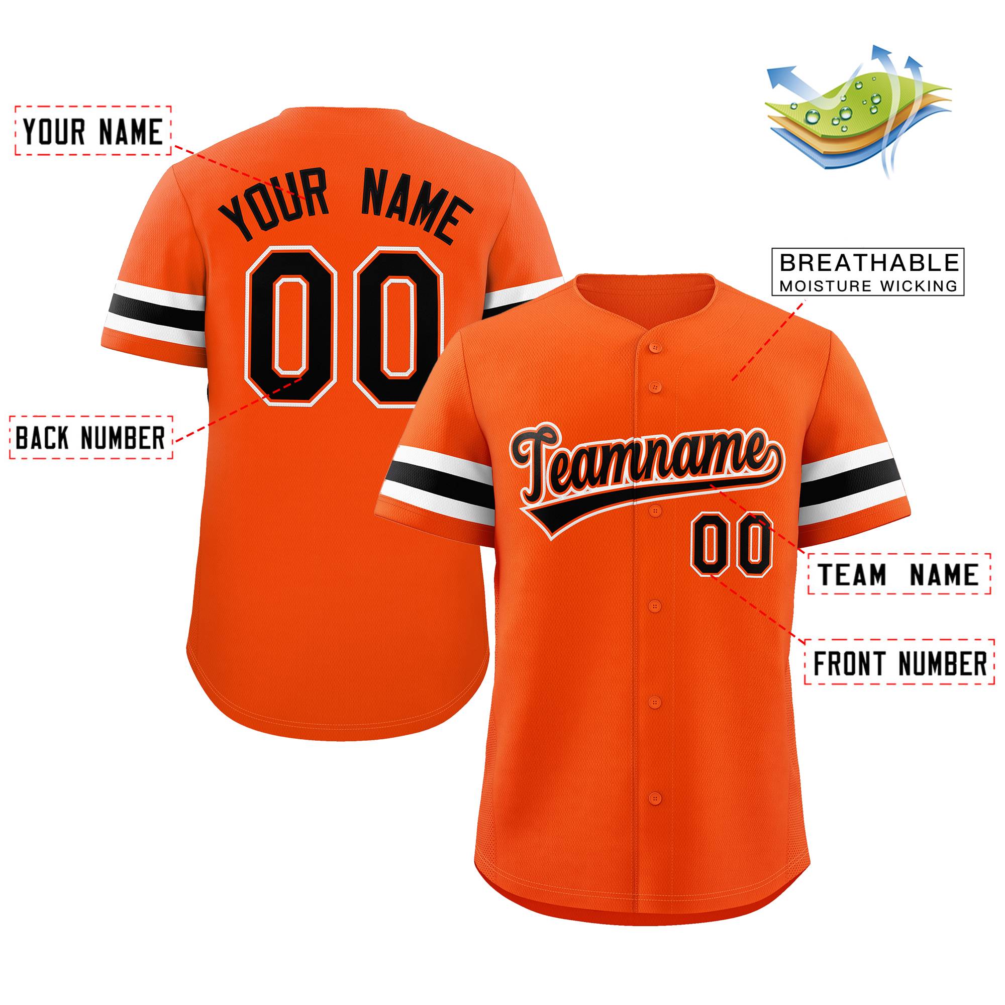 Maillot de baseball authentique de style classique orange noir-blanc personnalisé