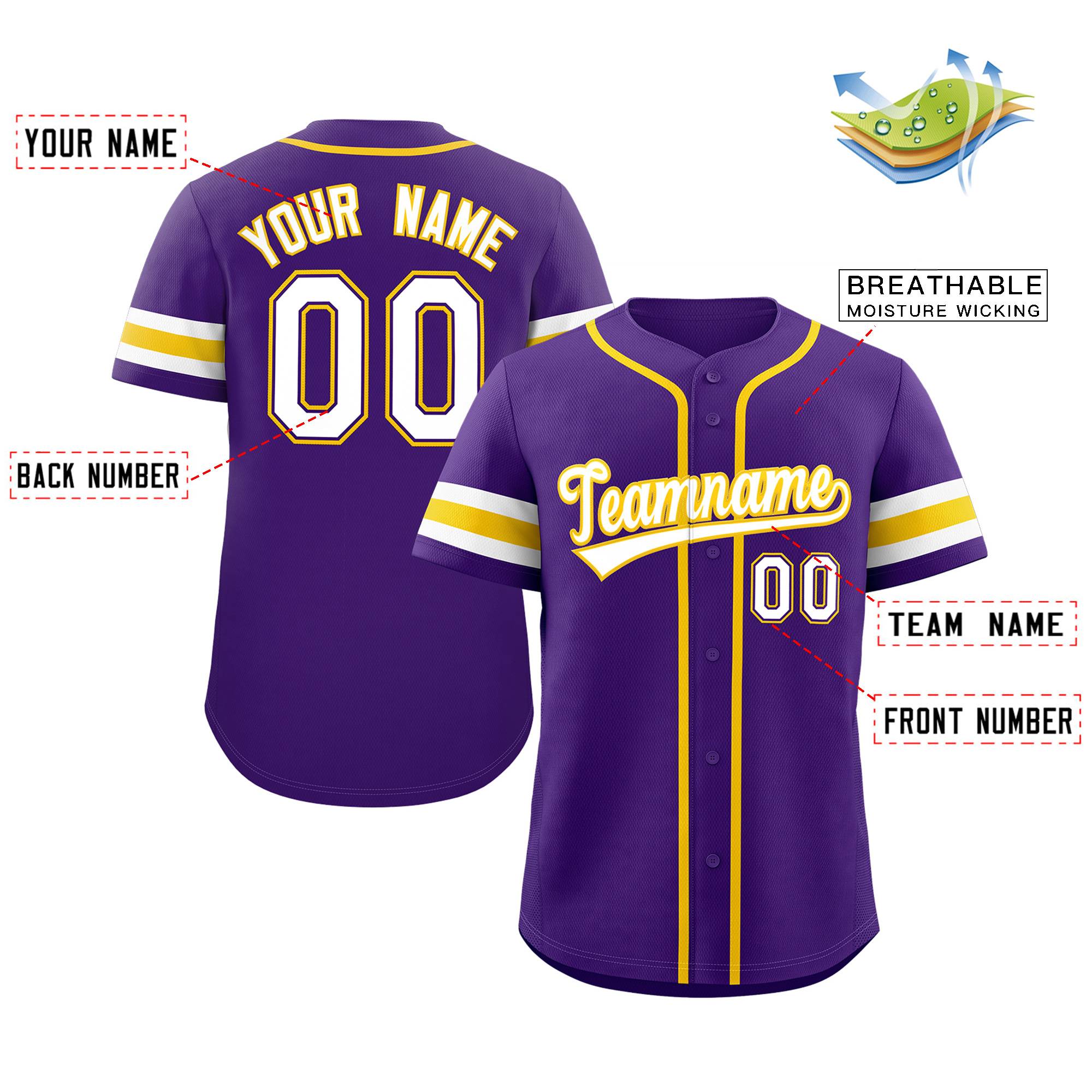 Maillot de baseball authentique de style classique violet blanc-jaune personnalisé