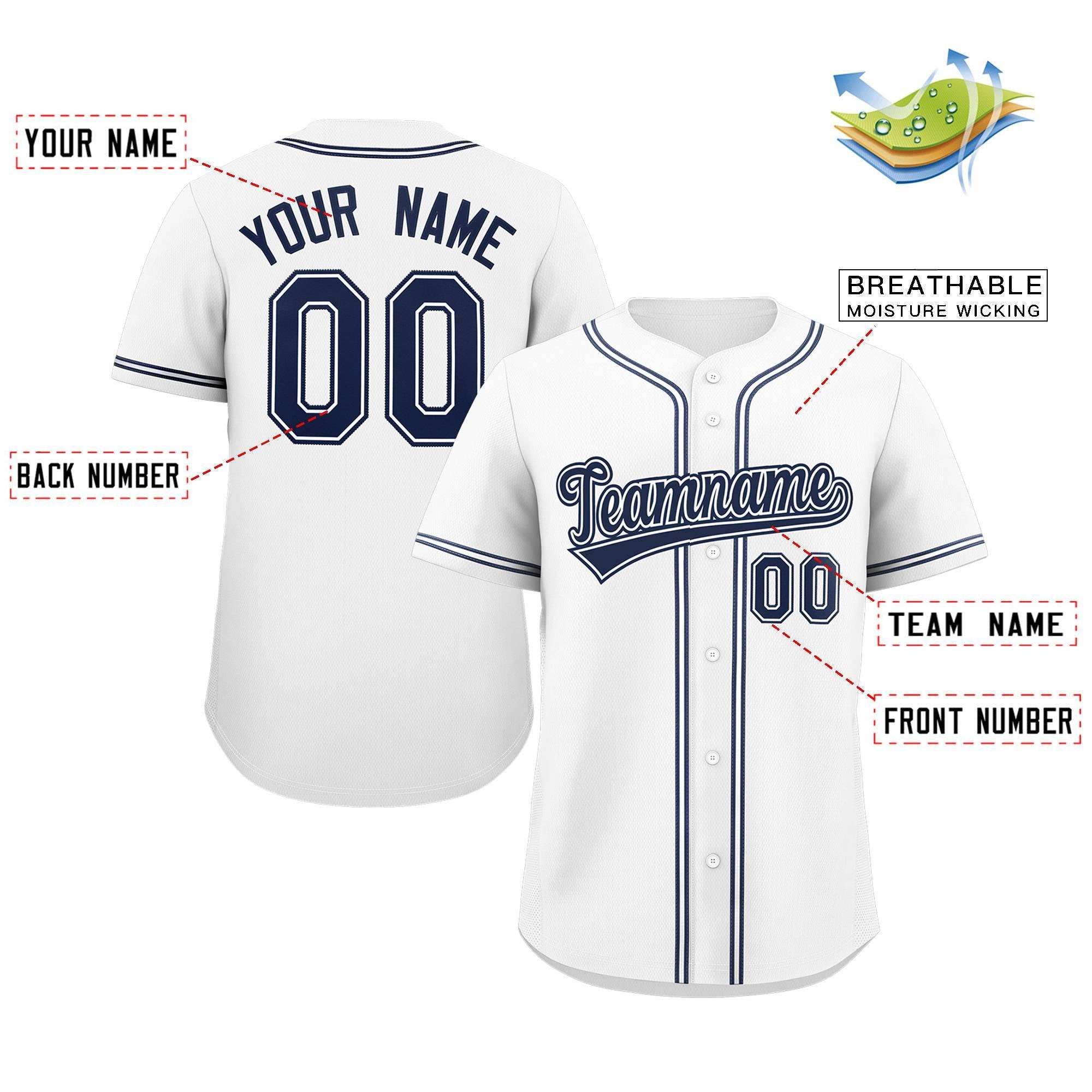 Maillot de baseball authentique de style classique blanc marine personnalisé