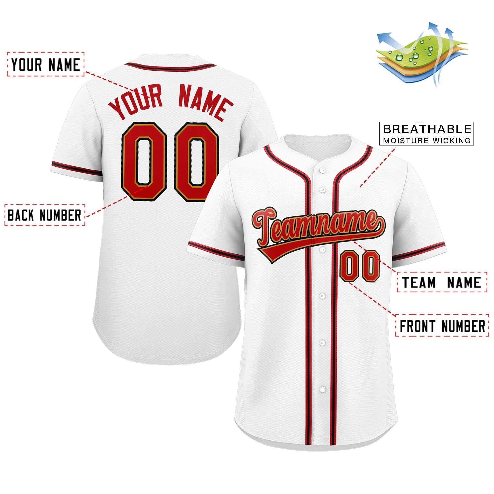 Maillot de baseball authentique de style classique blanc rouge personnalisé