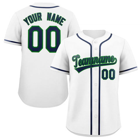 Custom White Navy-Green Classic Style Authentic Baseball Jersey