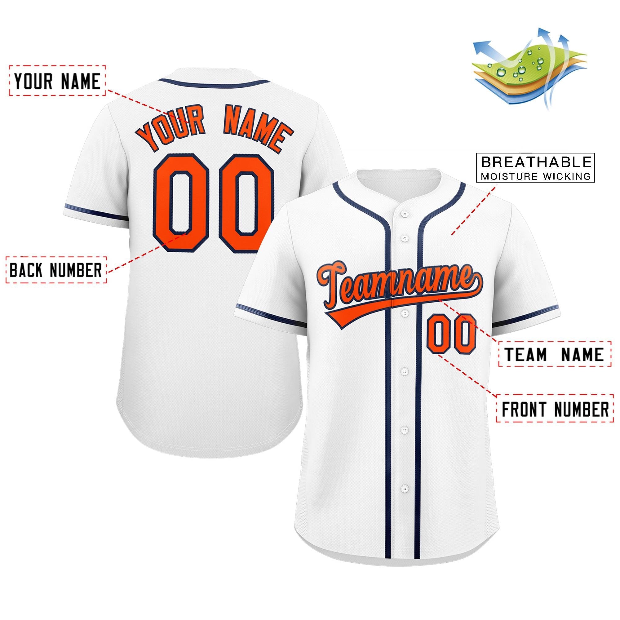 Maillot de baseball authentique de style classique blanc orange-marine personnalisé