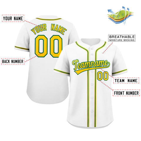 Custom White Yellow-Green Classic Style Authentic Baseball Jersey