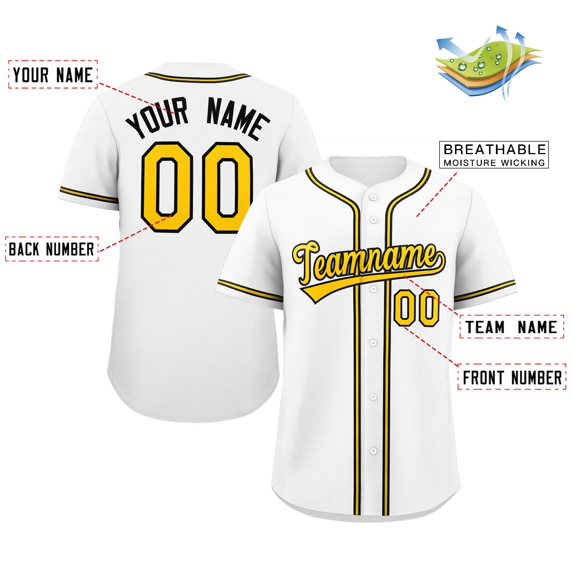 Maillot de baseball authentique de style classique blanc jaune-noir personnalisé