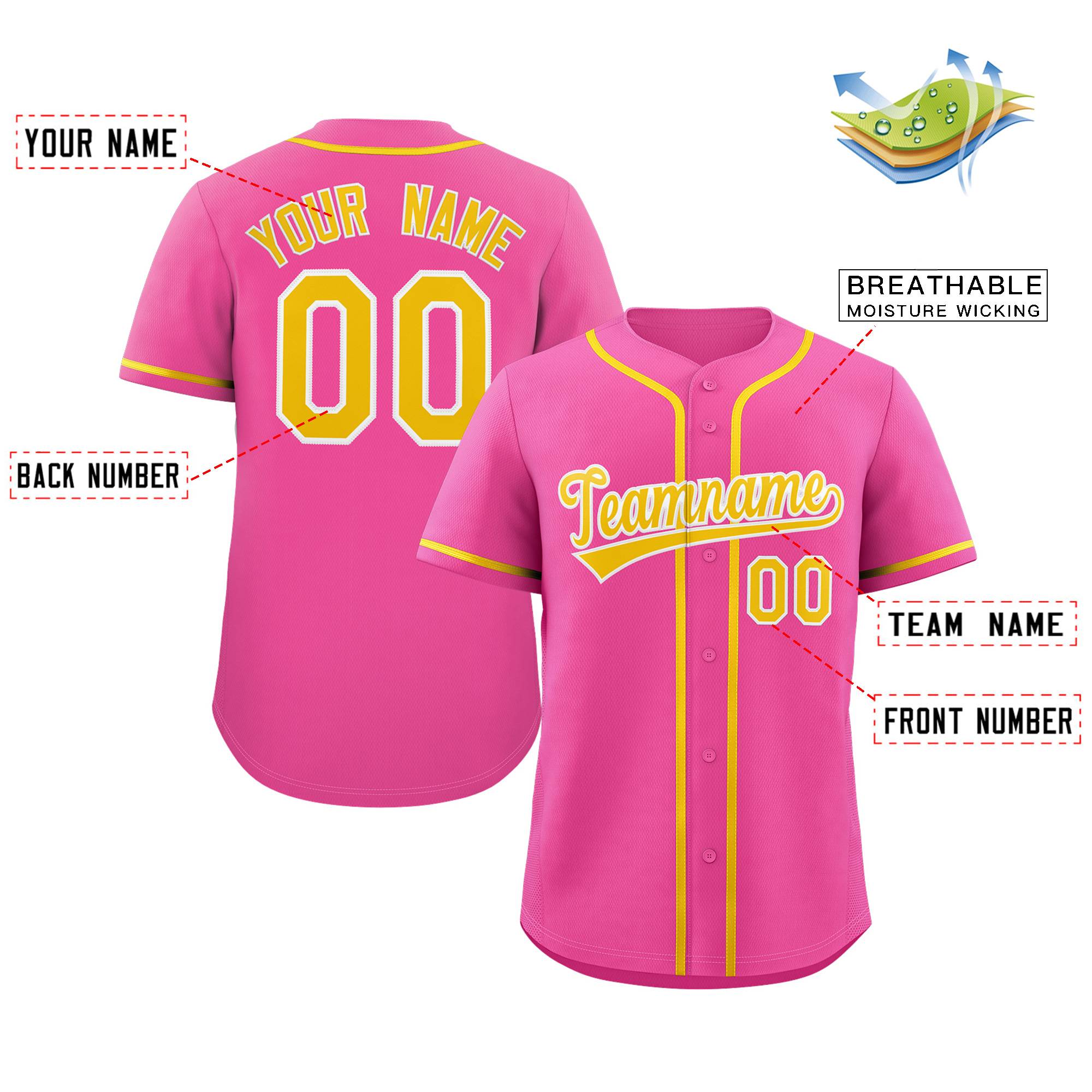 Maillot de baseball authentique de style classique rose jaune-blanc personnalisé