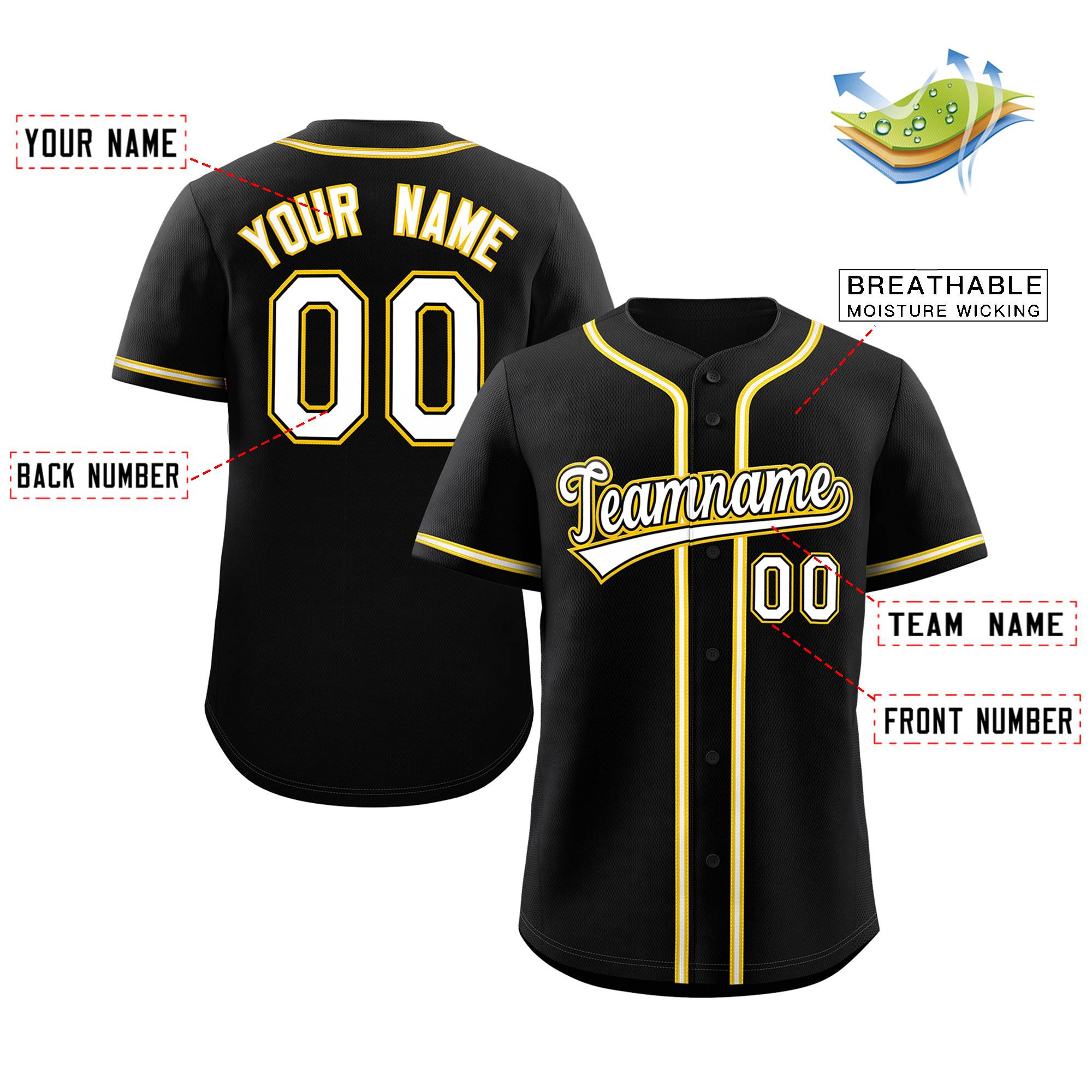 Maillot de baseball authentique de style classique noir blanc-jaune personnalisé