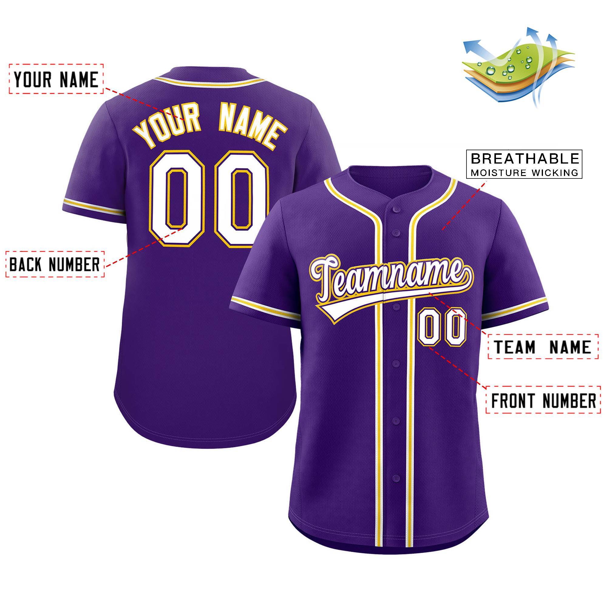 Maillot de baseball authentique de style classique violet blanc-jaune personnalisé