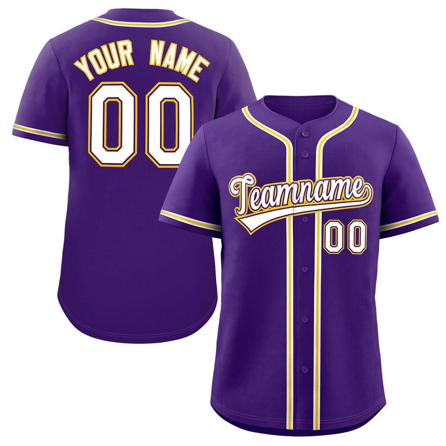 Maillot de baseball authentique de style classique violet blanc-jaune personnalisé