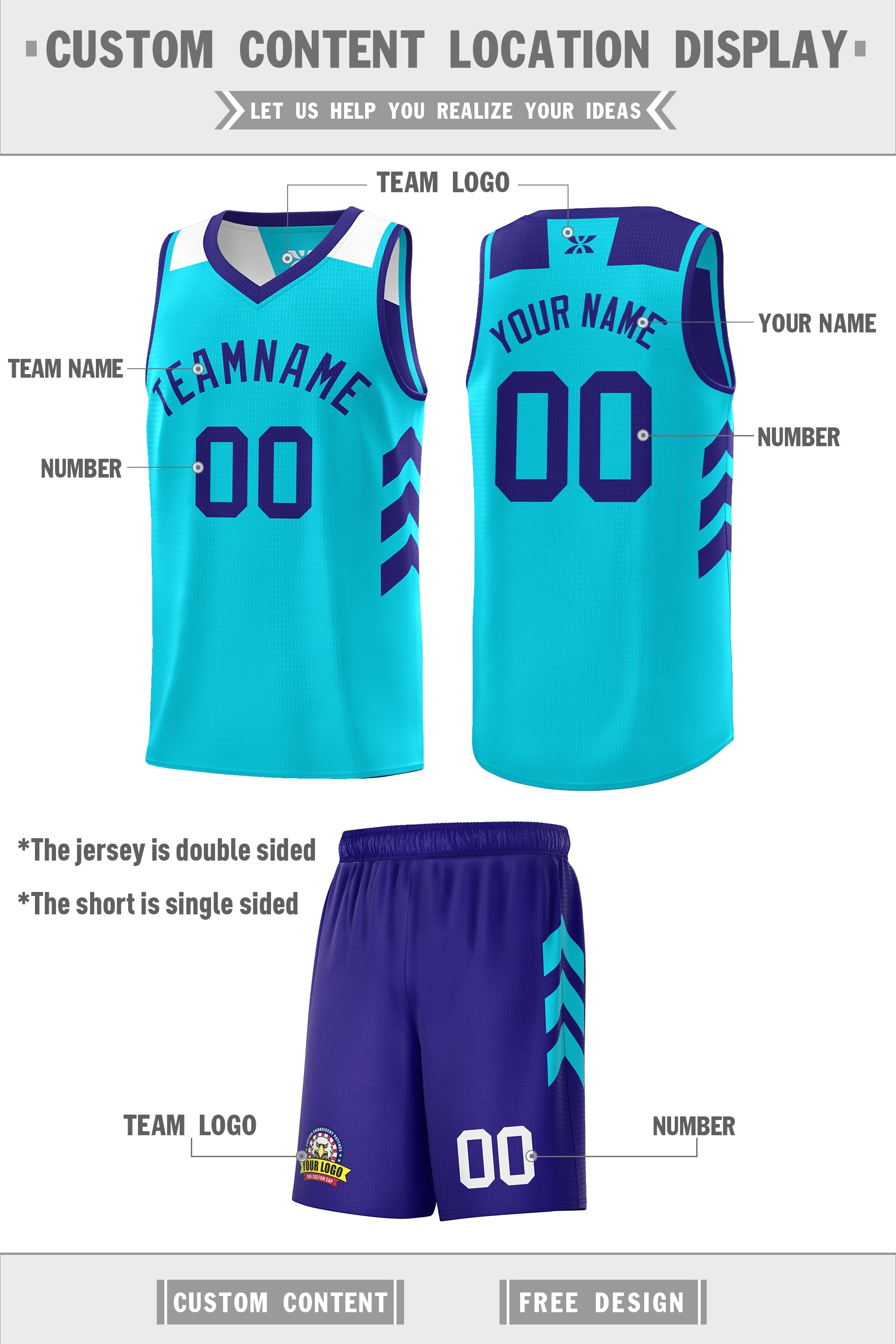 Maillot de basket-ball personnalisé violet Aqua Double Side