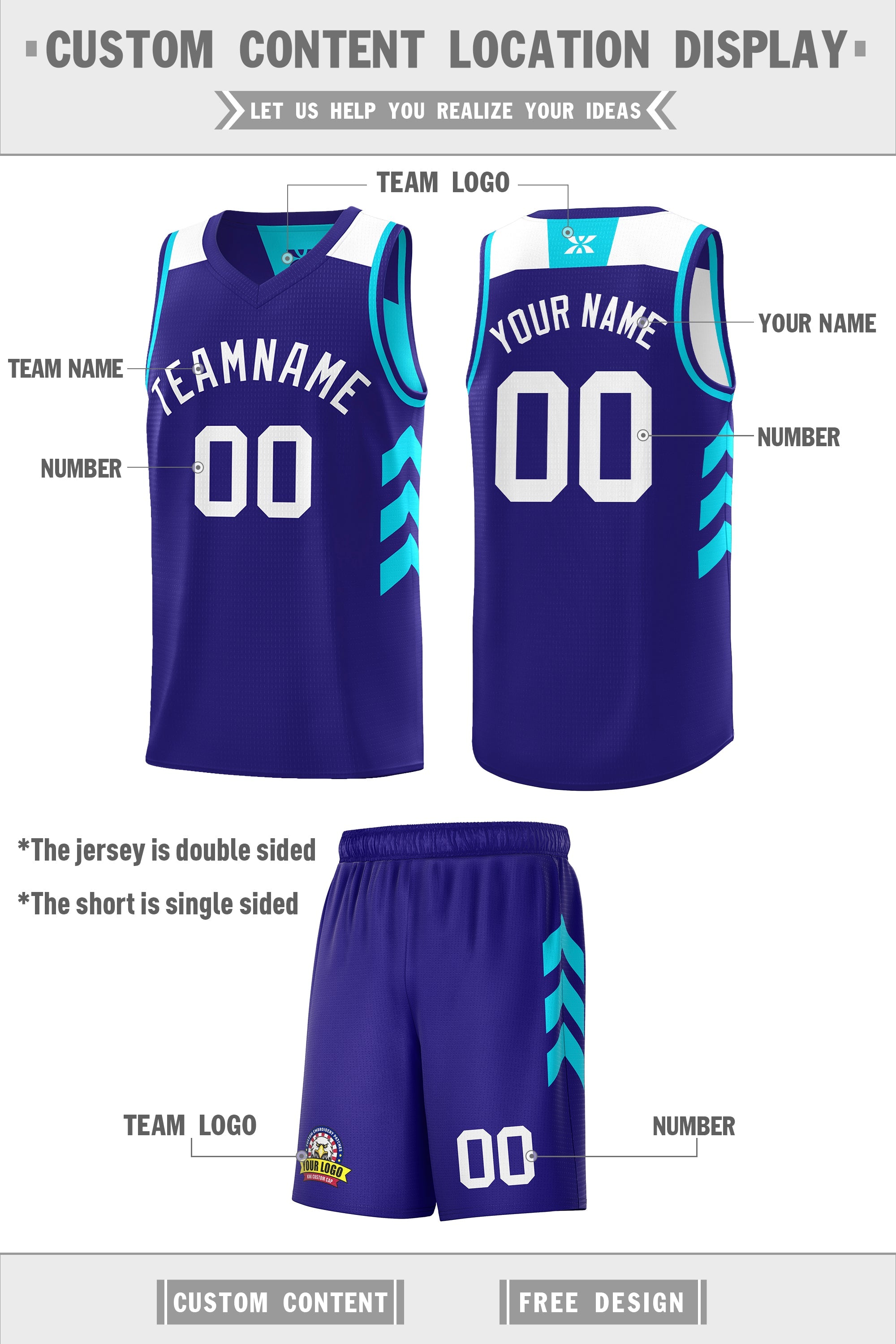 Maillot de basket-ball personnalisé violet Aqua Double Side