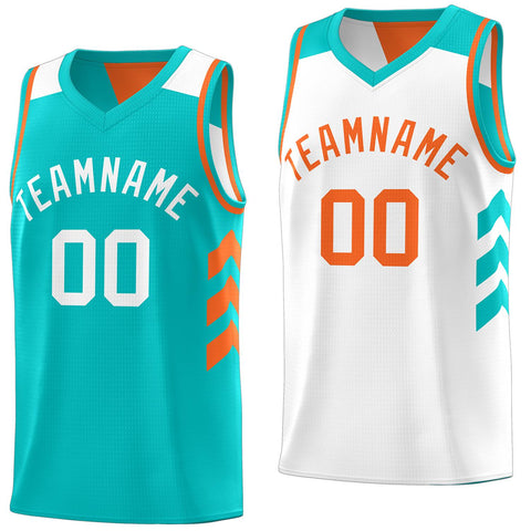 Custom Teal White-Orange Reversible Double Side Tops Basketball Jersey