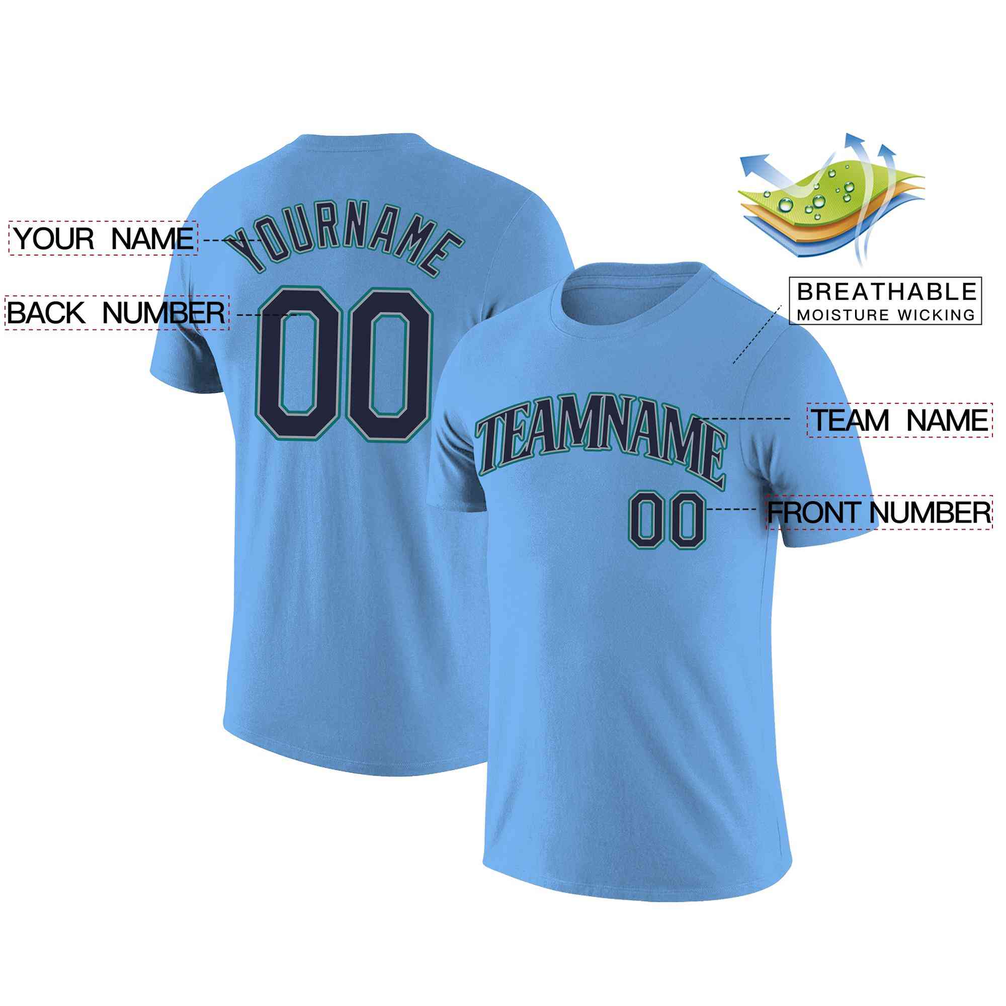 Custom Light Blue Navy-Aqua Classic Style Crew neck T-Shirts Full Sublimated