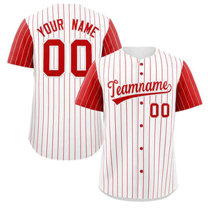 Maillot de baseball authentique à manches raglan à rayures blanches et rouges personnalisées