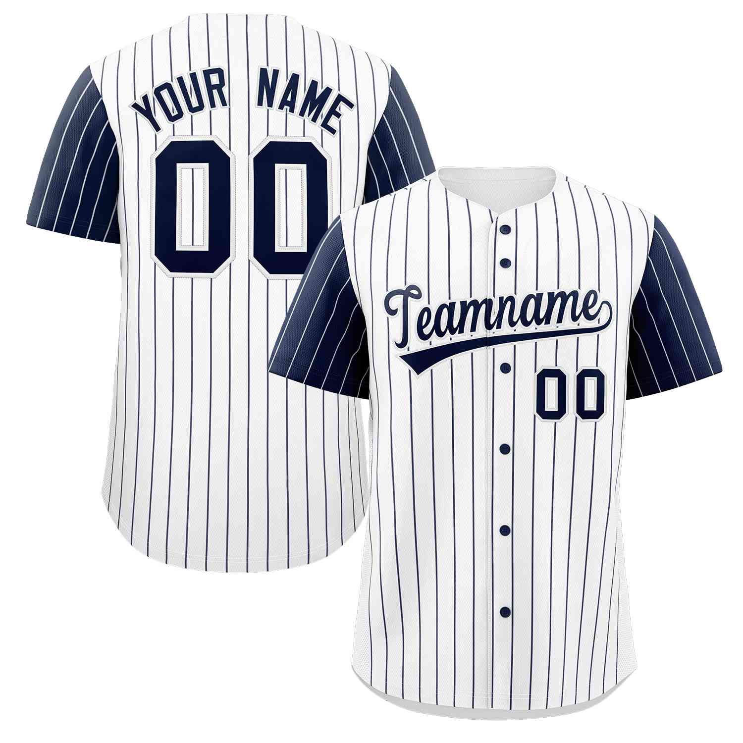 Maillot de baseball authentique à manches raglan à rayures marine blanches personnalisées