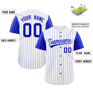 Maillot de baseball authentique à manches raglan à rayures royales blanches personnalisées