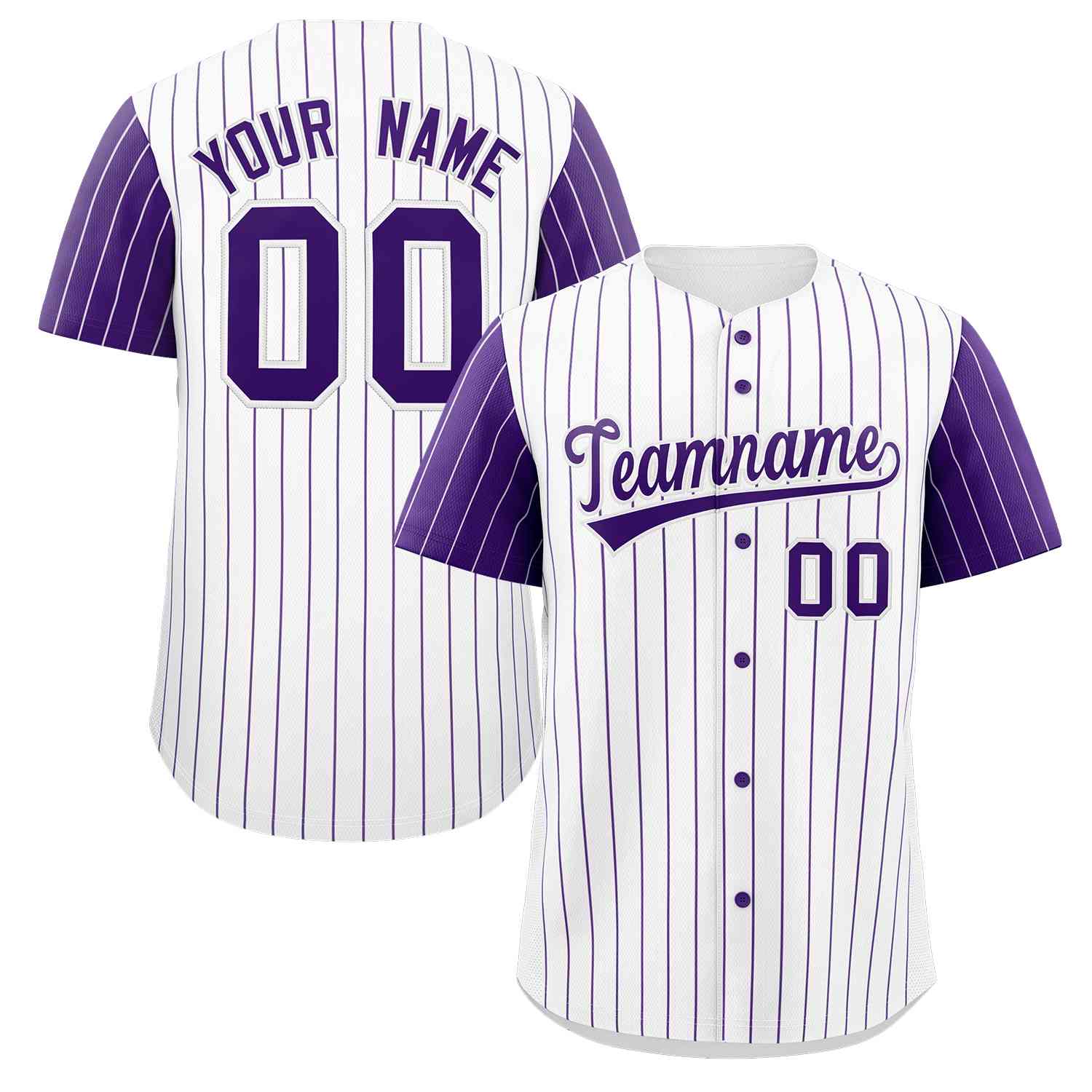 Maillot de baseball authentique à manches raglan à rayures blanches et violettes personnalisées