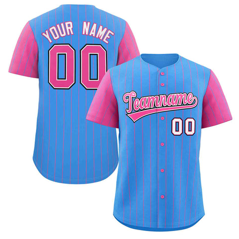 Custom Powder Blue Pink-White Stripe Fashion Raglan Sleeves Authentic Baseball Jersey