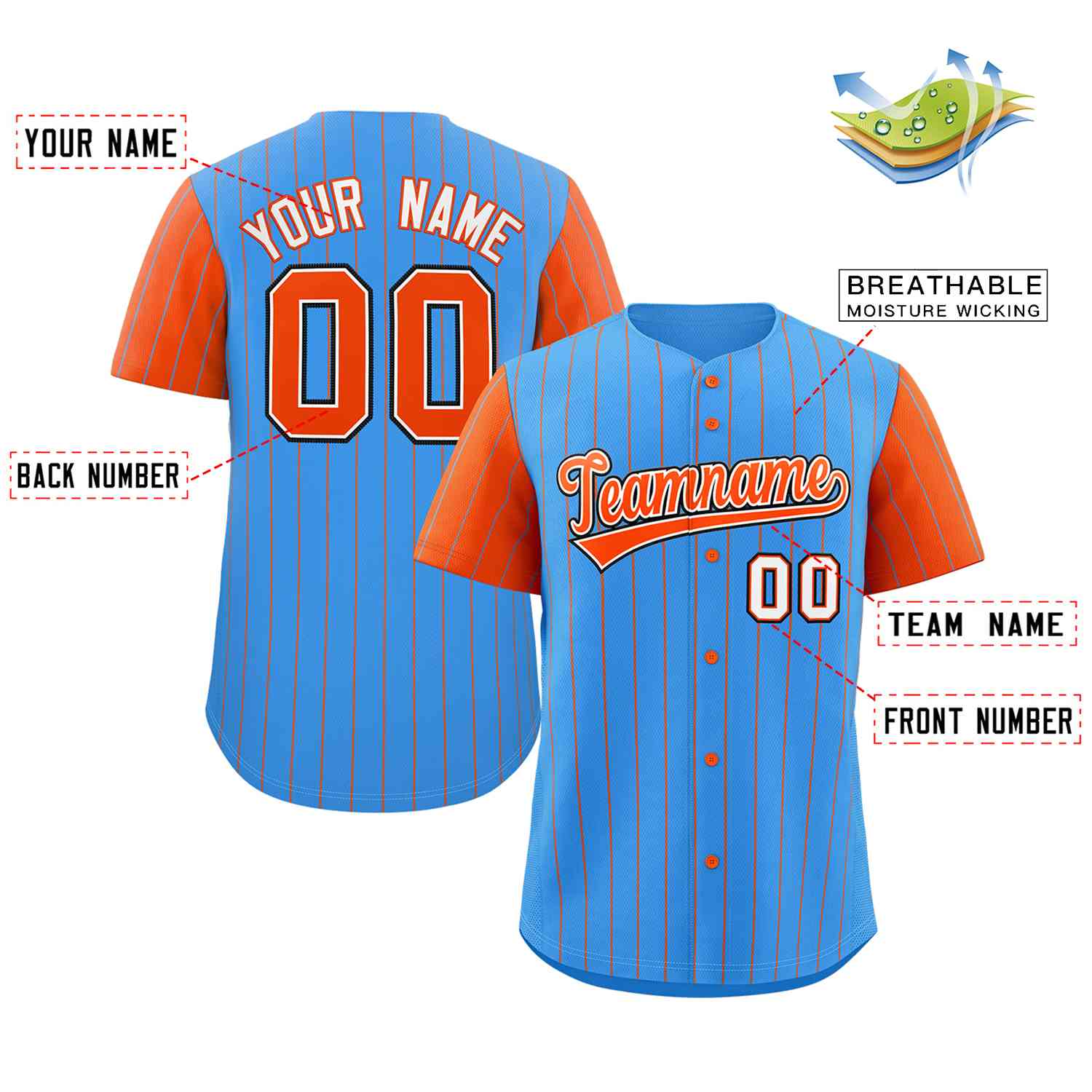 Custom Powder Blue Orange-White Stripe Fashion Raglan Sleeves Authentic Baseball Jersey