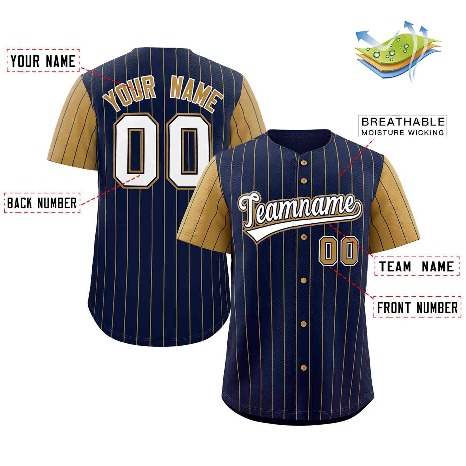 Custom Navy White-Old Gold Stripe Fashion Raglan Sleeves Authentic Baseball Jersey