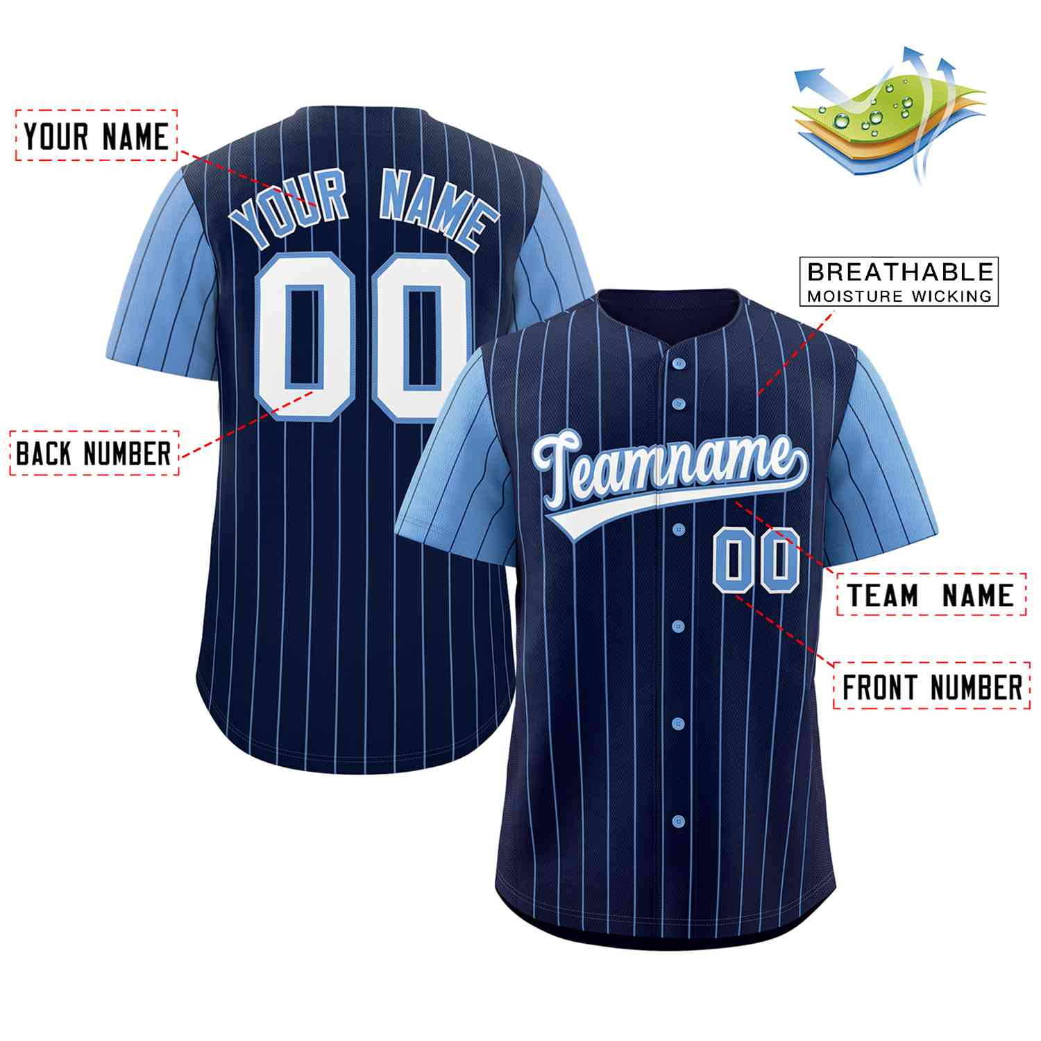 Custom Navy White-Light Blue Stripe Fashion Raglan Sleeves Authentic Baseball Jersey