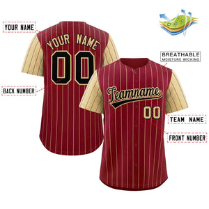 Custom Crimson Black-Khaki Stripe Fashion Raglan Sleeves Authentic Baseball Jersey