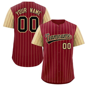 Custom Crimson Black-Khaki Stripe Fashion Raglan Sleeves Authentic Baseball Jersey